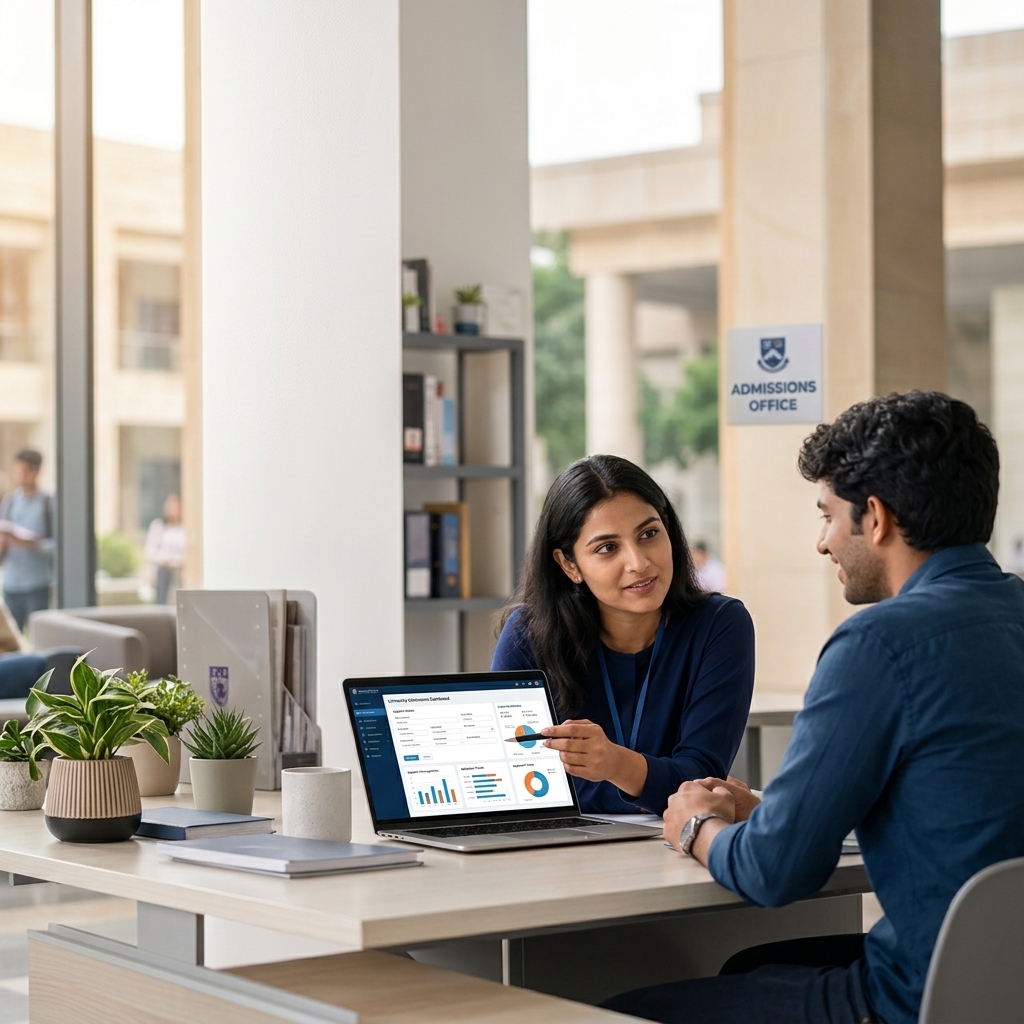 University admission staff helping an applicant review an online application